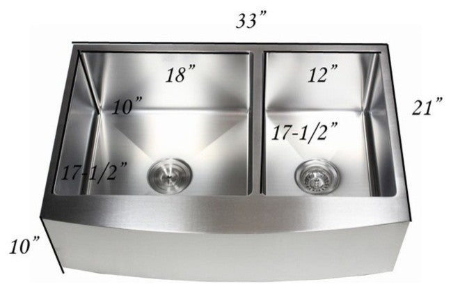 33" Curved Front Apron Stainless Steel Double Bowl Kitchen Sink Package