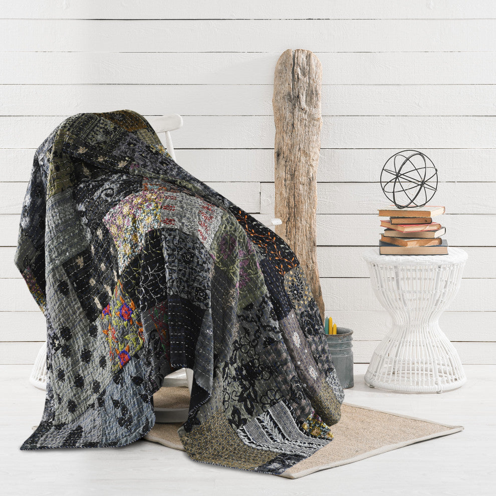 Gray Haze Quilted Boho Kantha Throw Blanket, 50" x 70"