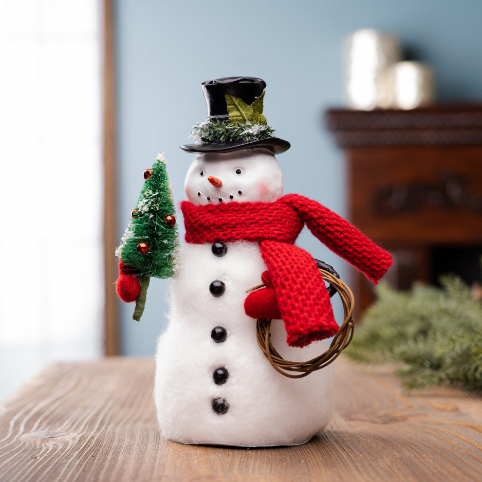Snowman Figurine With Pine Tree 9"H