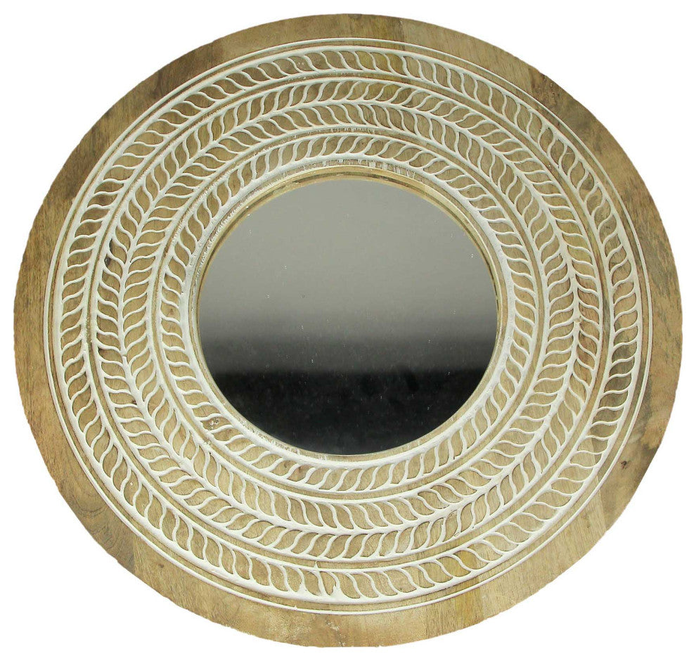 Carved Wooden Frame Round Wall Mirror 23.5 Inch Diameter Hand Painted Accents