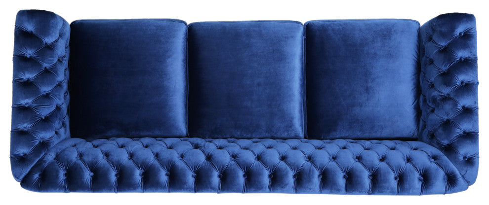 GDF Studio Vita Chesterfield Tufted Jewel Toned Velvet Sofa With Scroll Arms, Navy Blue
