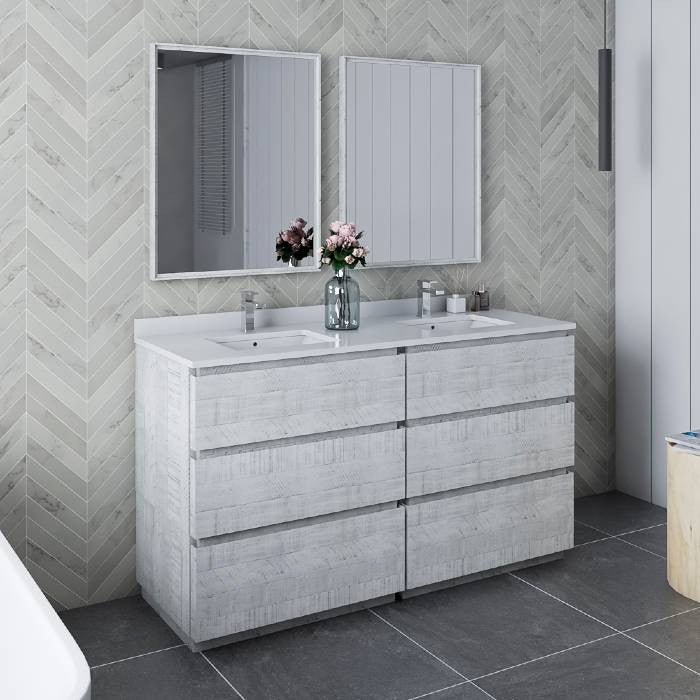 Fresca Formosa Modern 60" Rustic White Double Sink Vanity Set, Faucet Fft9131ch