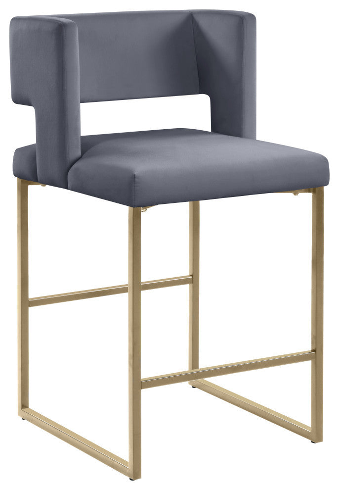 Caleb Upholstered Counter Stool, Set of 2, Gray, Velvet, Brushed Gold
