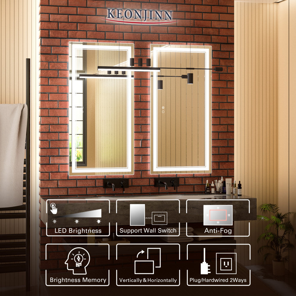 3-Colors LED Bathroom Mirror, Anti-Fog Memory Dimmable, Sliver, 48"x24"