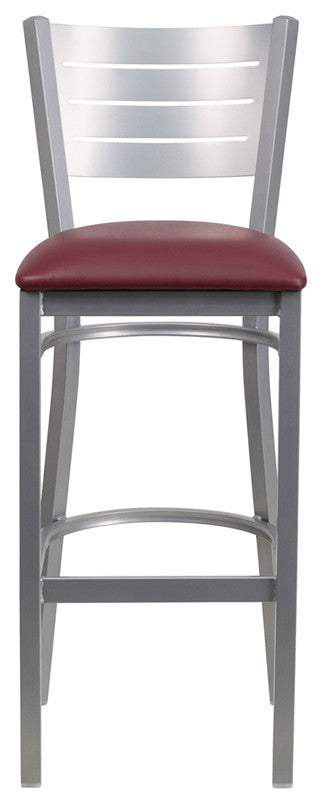 Silver Slat Back Metal Restaurant Barstool, Burgundy Vinyl Seat