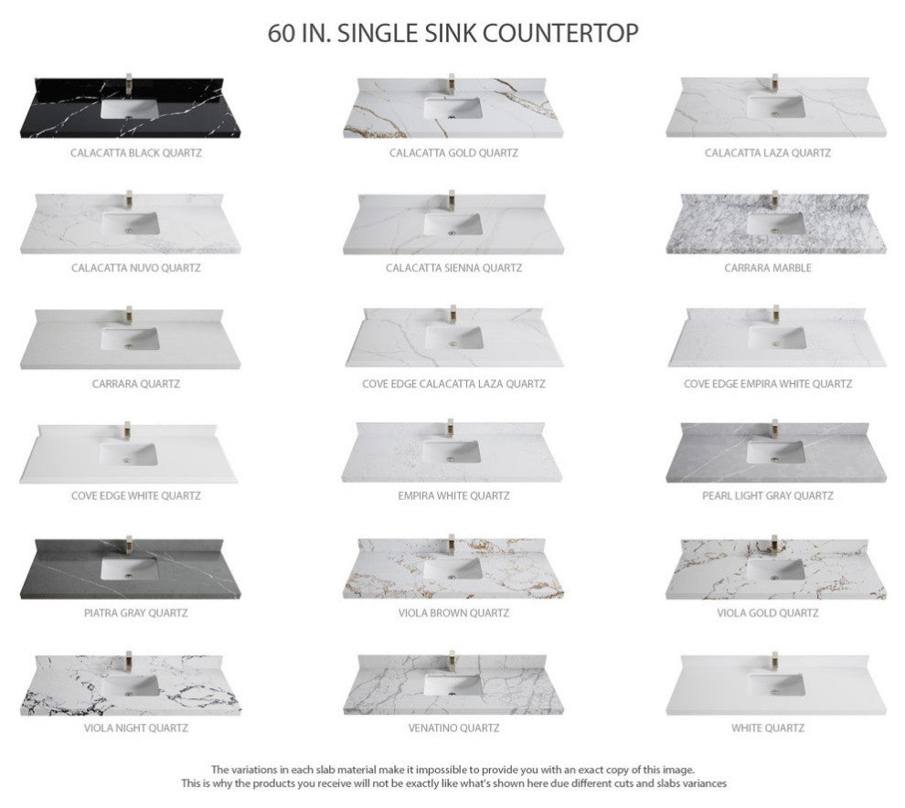 Nashville 60" Single Bathroom Vanity, White 2" Calacatta Black