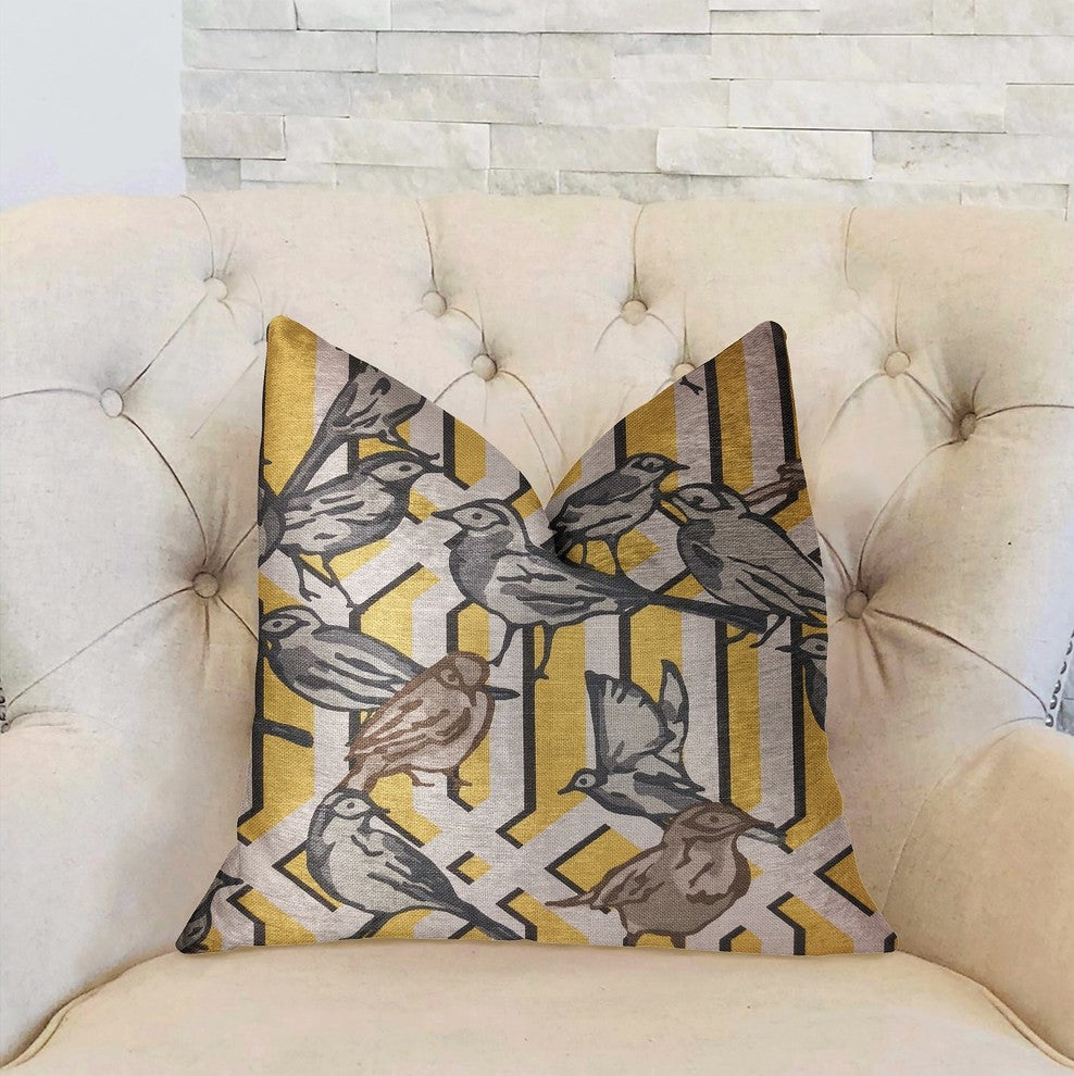 Song Bird Gardens Yellow, Beige and Gray Luxury Throw Pillow, 20"x36" King