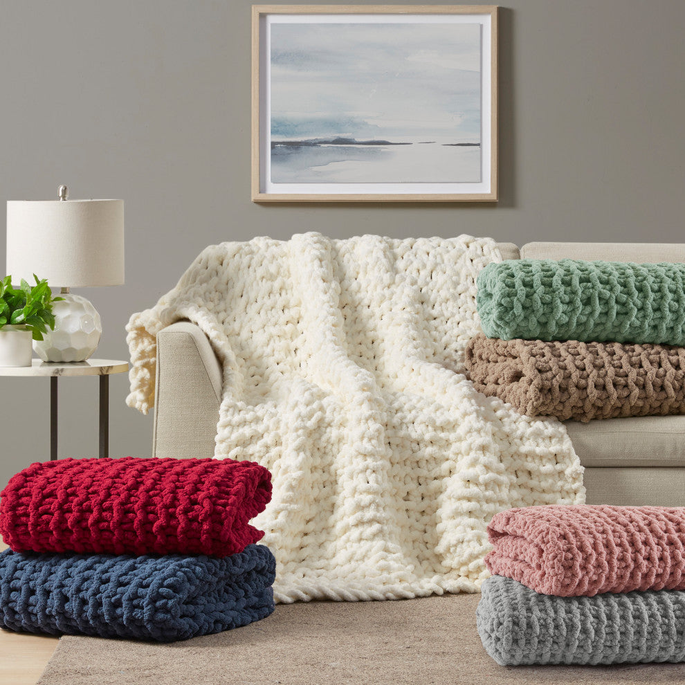 Madison Park Handmade Chenille Chunky Knit 50"x60" Throw, Ivory