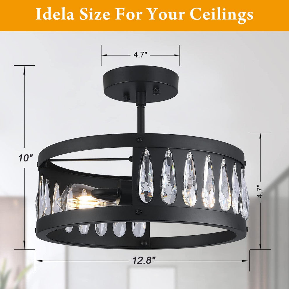 2 Light Semi Flush Ceiling Light, Crystal, Industrial Ceiling Lamp