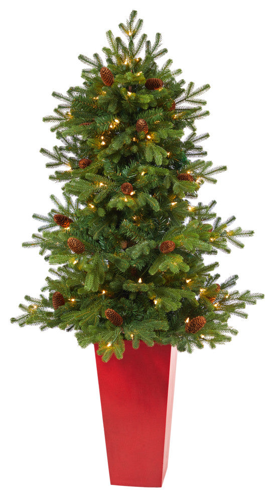 56" Yukon Mountain Fir Faux Xmas Tree W/Lights, Pinecones & Bendable Branches