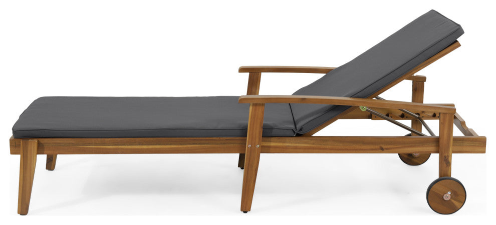 Lucknow Outdoor Acacia Wood Chaise Lounge with Water Resistant Cushion, Set of 2, Dark Grey + Teak