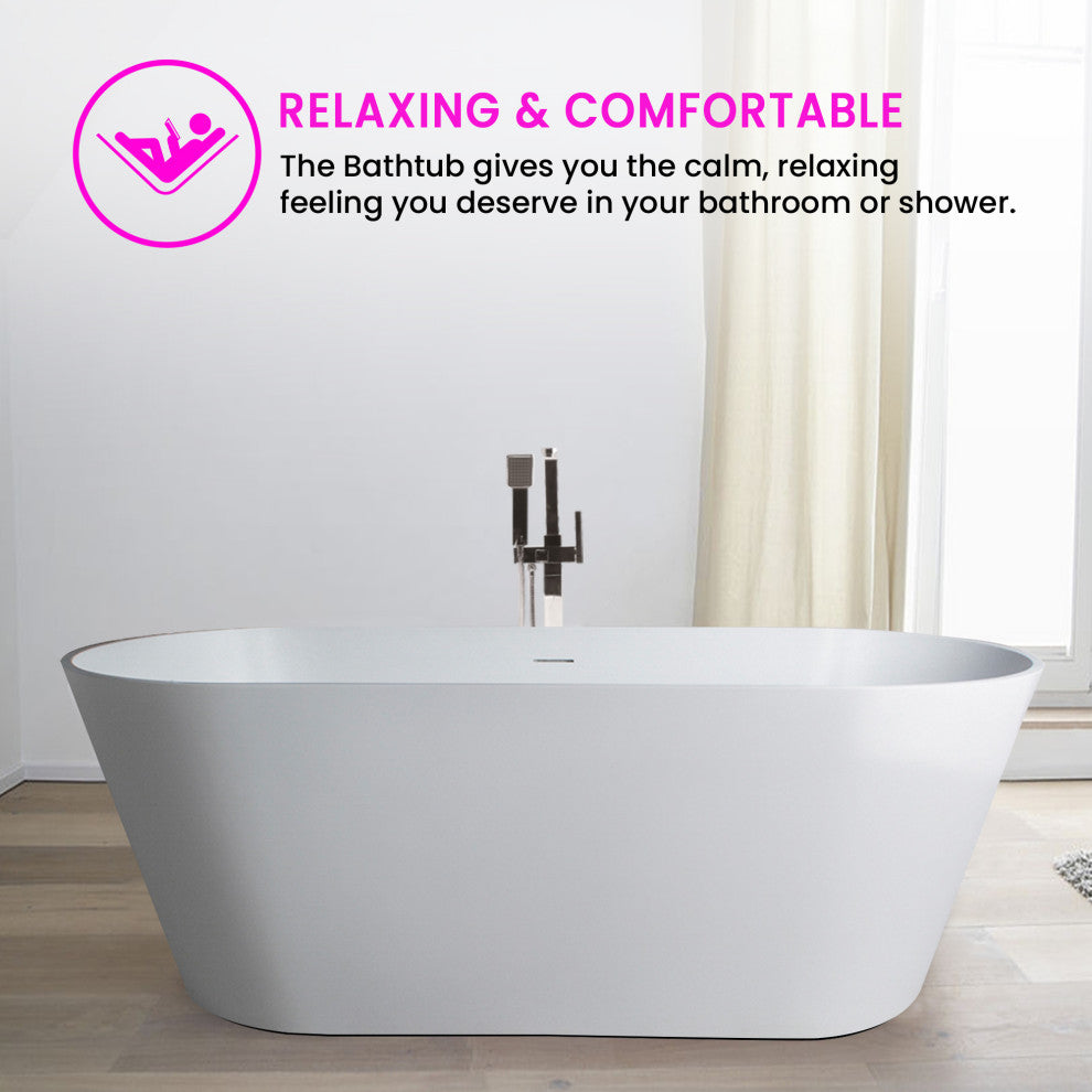 Vanity Art Solid Surface Resin Stone Freestanding Bathtub, Glossy White, 65"x29.5"