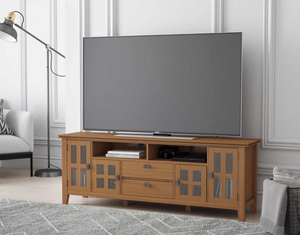 Artisan Solid Wood 72" TV Media Stand For TVs up to 80", Honey Brown