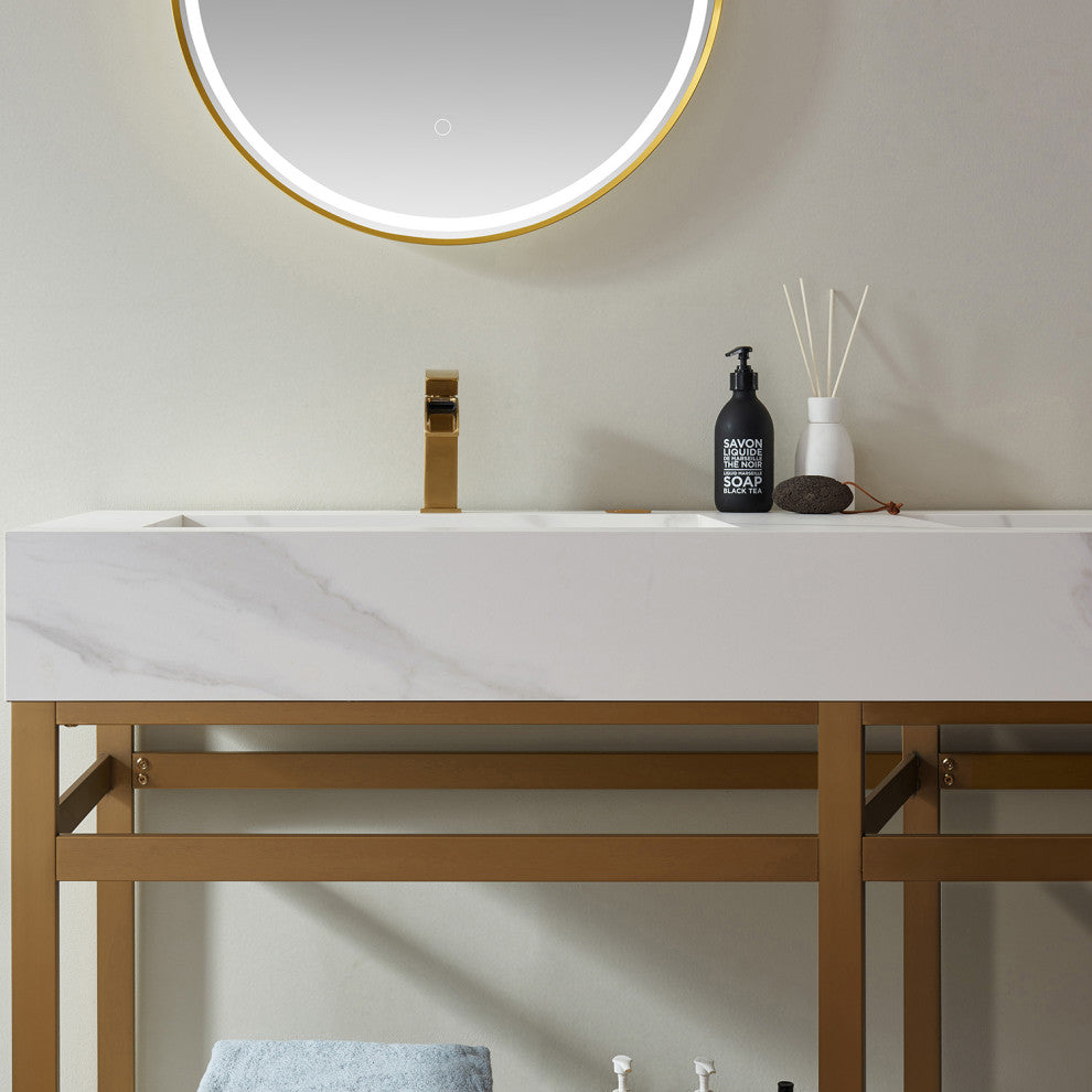 Bilbao Vanity with Metal Bracket & Stone Top, Brushed Gold, 72", With Mirror
