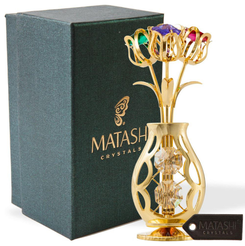24k Gold Plated Flowers Bouquet and Vase With Colorful Crystals Home Decor