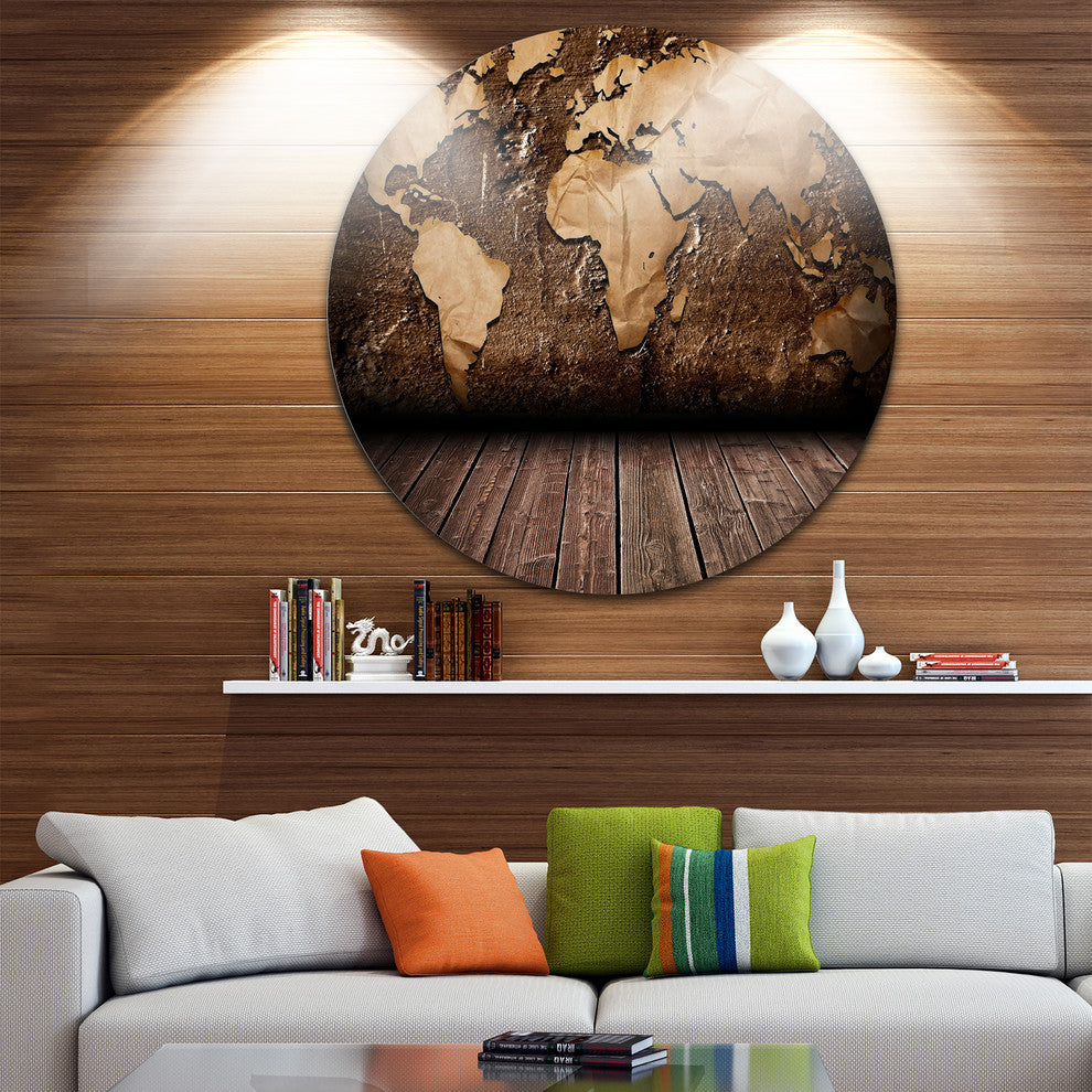 Vintage Map With Wooden Floor, Contemporary Round Metal Wall Art, 11"