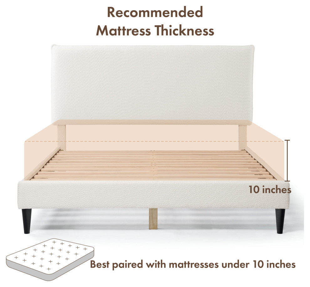 Miles White Boucle Upholstered Wood Frame Platform Bed, Queen, Pillow