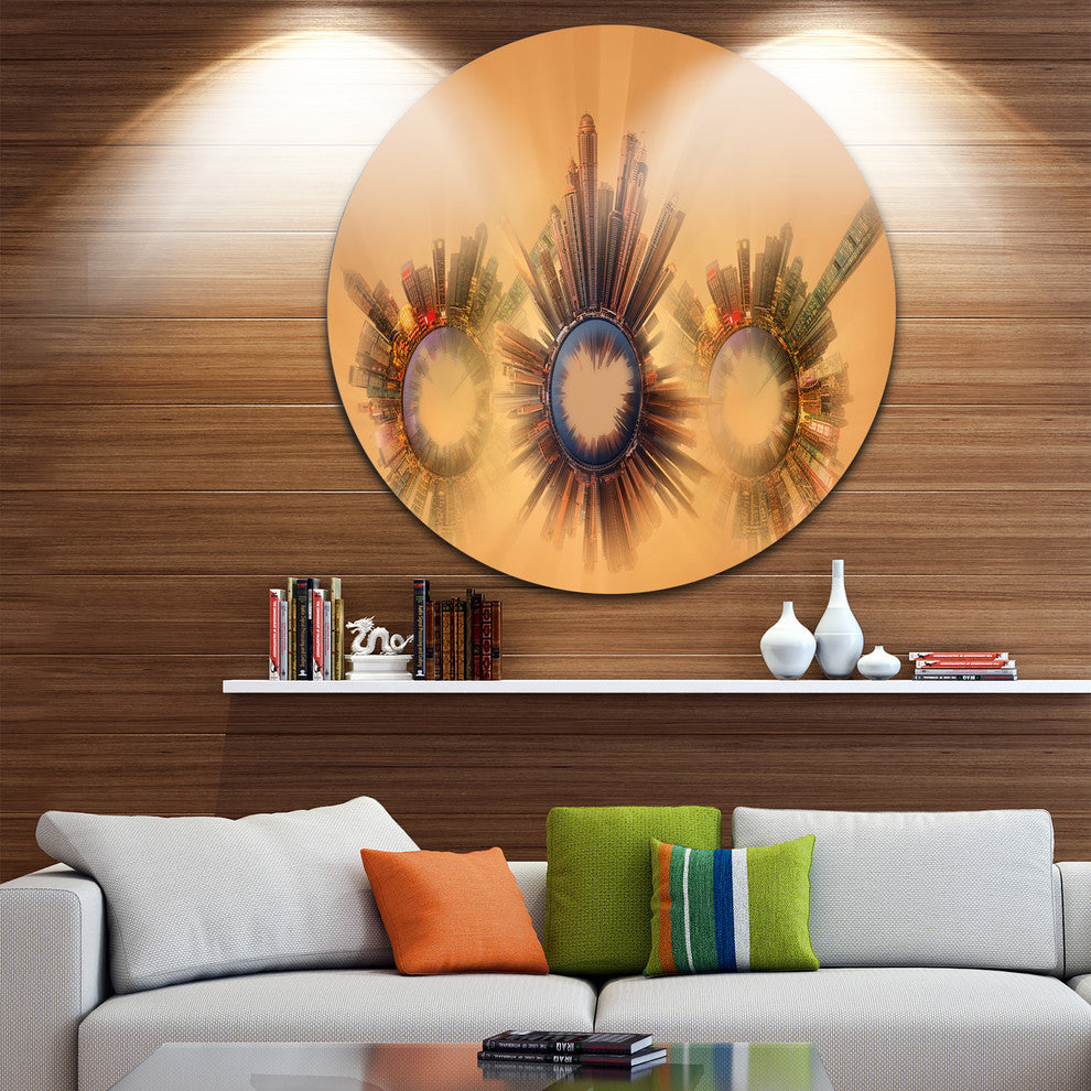 Miniature Earth Planets With Skyscrapers, Abstract Disc Artwork, 36"