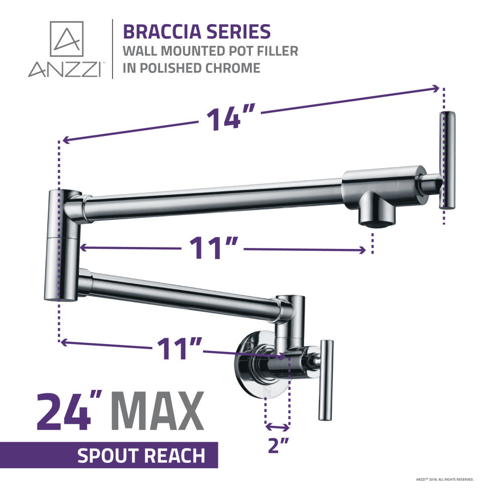Braccia Series 24" Wall Mounted Pot Filler, Polished Chrome