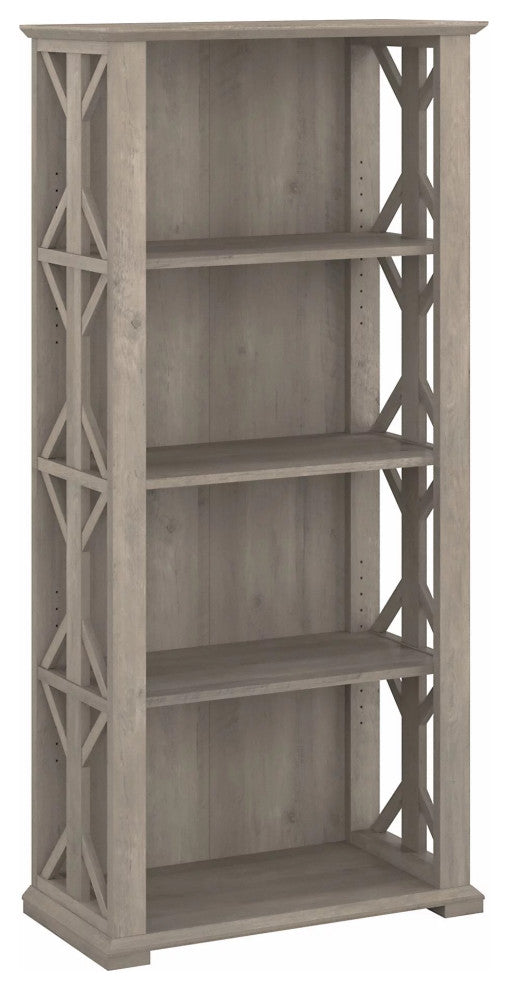 Farmhouse Bookcase, Open Shelves With Geometric Accented Sides, Drifted Gray