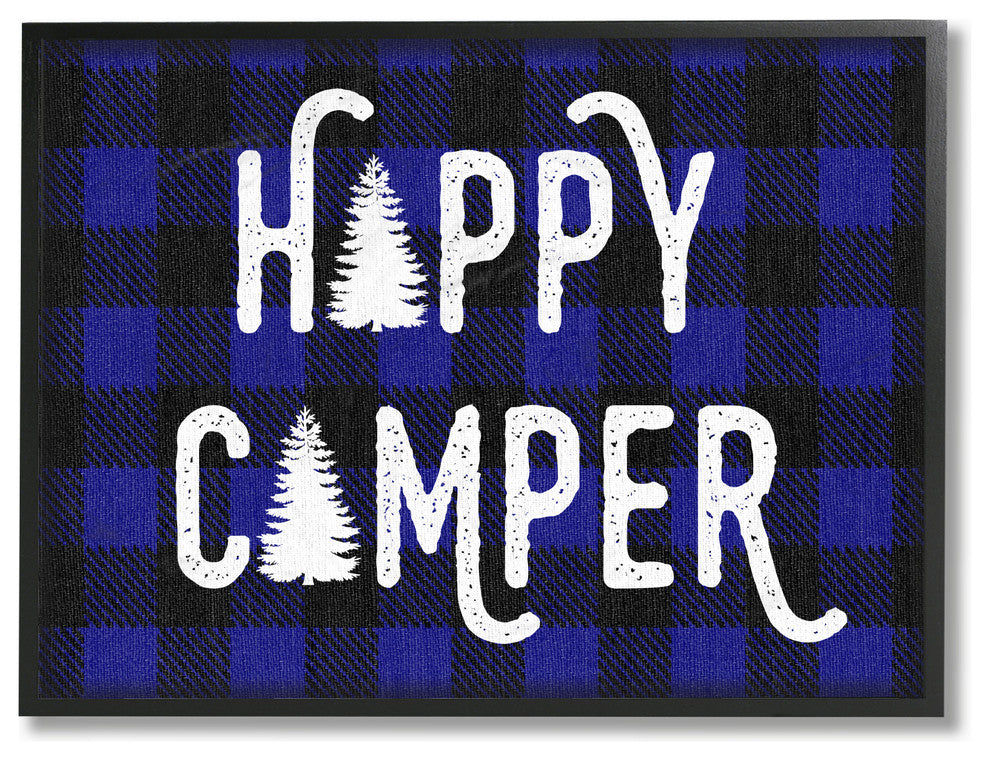 "Happy Camper Blue Black Buffalo Plaid" 11x14, Framed Giclee Texturized Art