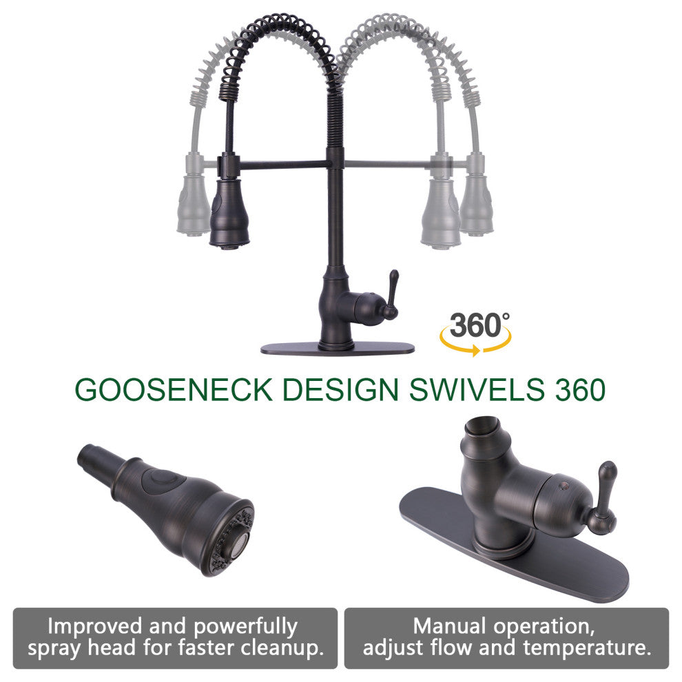 Copper Pre-Rinse Spring Kitchen Faucet with Pull Down Sprayer, Oil Rubbed Bronze
