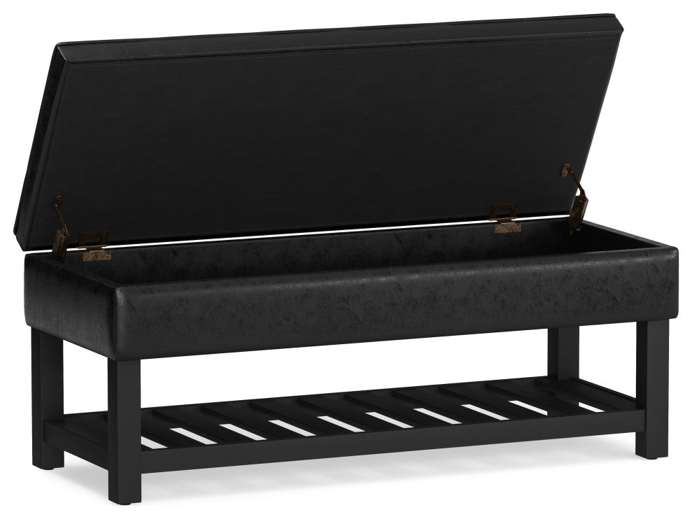 Cosmopolitan Storage Ottoman Bench With Open Bottom, Distressed Black Faux Leather
