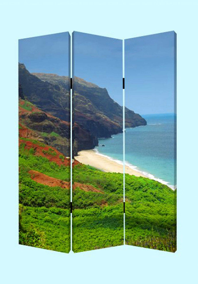 1" x 48" x 72" Multi Color Wood Canvas Hawiian Coast Screen