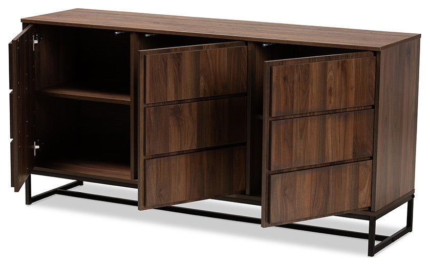 Jenett Modern Contemporary Walnut and Black 3-Door Sideboard Buffet