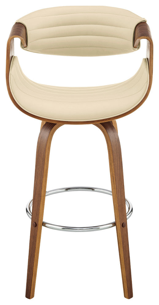 26" Cream Faux Leather and Walnut Wood Retro Chic Swivel Counter Stool