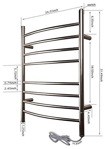 Heatgene Wall Mounted 8 Bar Plug-in Curved Towel Warmer Towel Rack, Brush Polish
