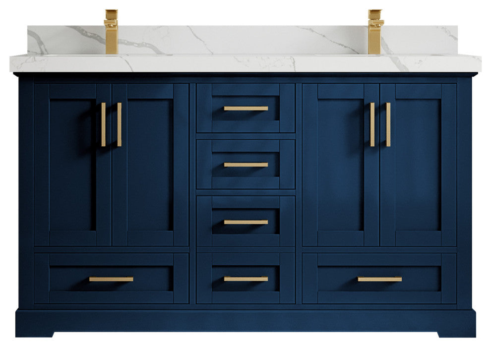 Boston 60 Double Bathroom Vanity in Navy Blue 2" Calacatta Laza