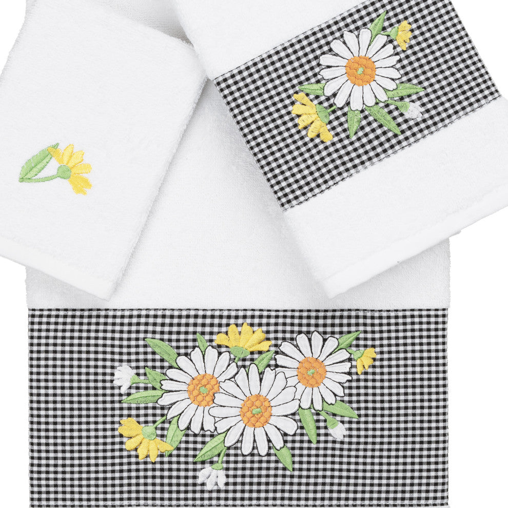 Linum Home Textiles Turkish Cotton Daisy 3-Piece Embellished Towel Set, White
