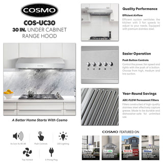 30" Under Cabinet Range Hood, Stainless Steel With LED Lights