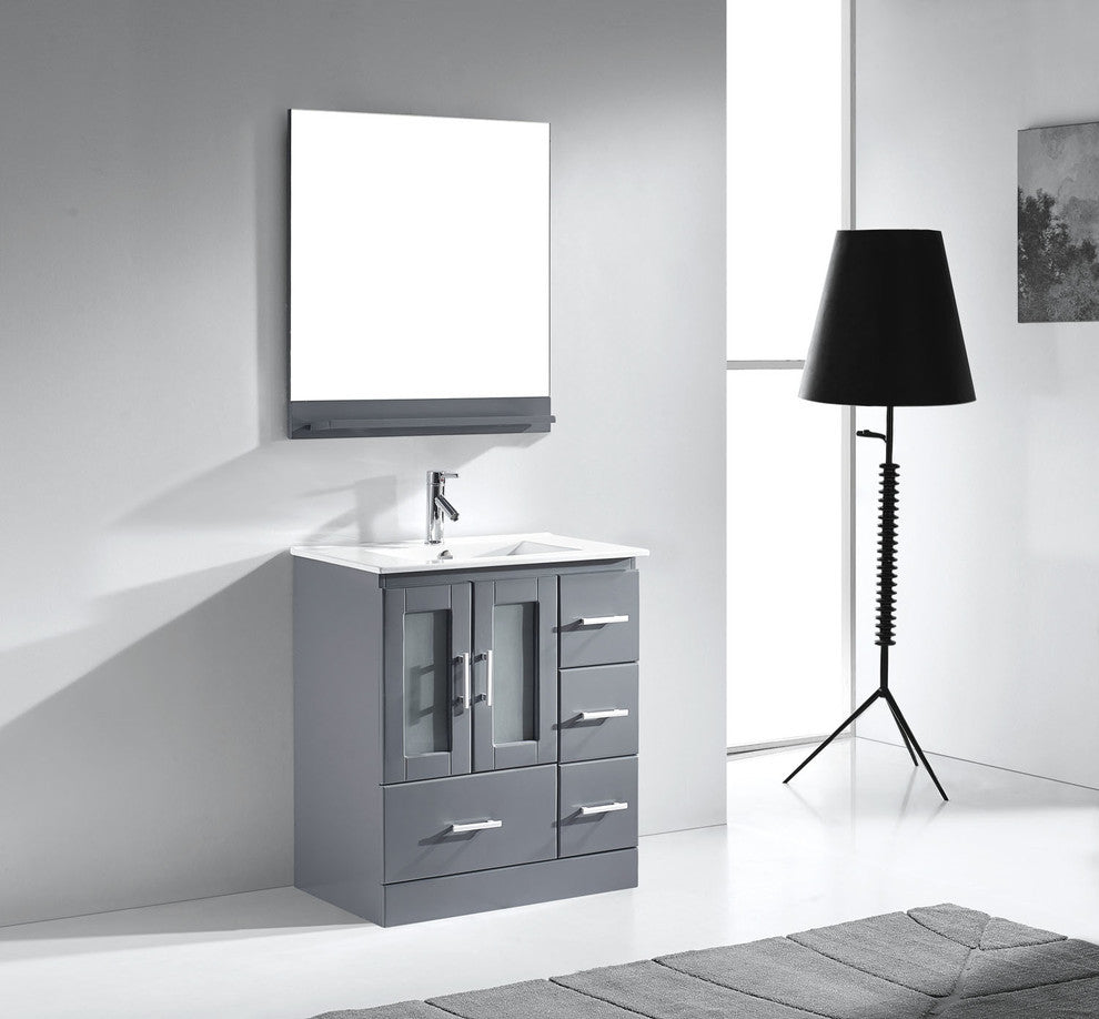 Virtu Zola Single Bathroom Vanity, Brushed Nickel Faucet and Mirror, Gray