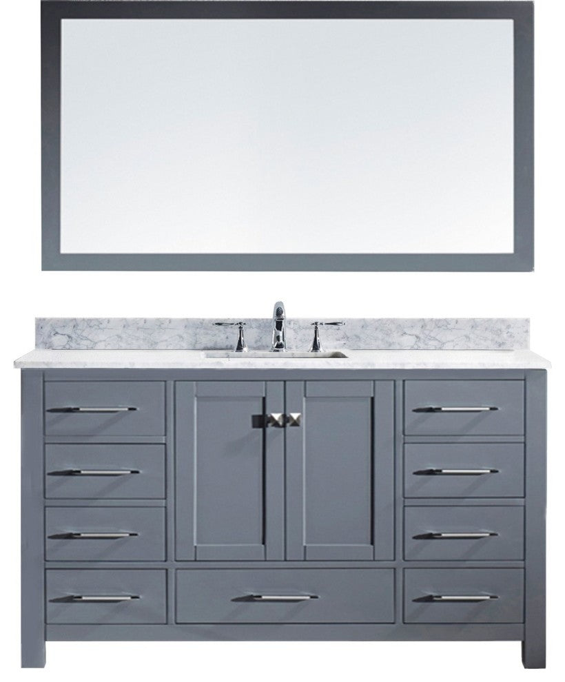 Caroline Single Bathroom Vanity Set, Gray With Marble Top and Square Sink, 60"