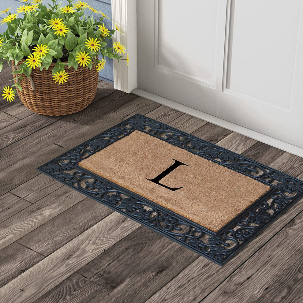 A1HC Floral Border Black 18x30 Rubber and Coir Heavy Duty Monogrammed Doormat, L