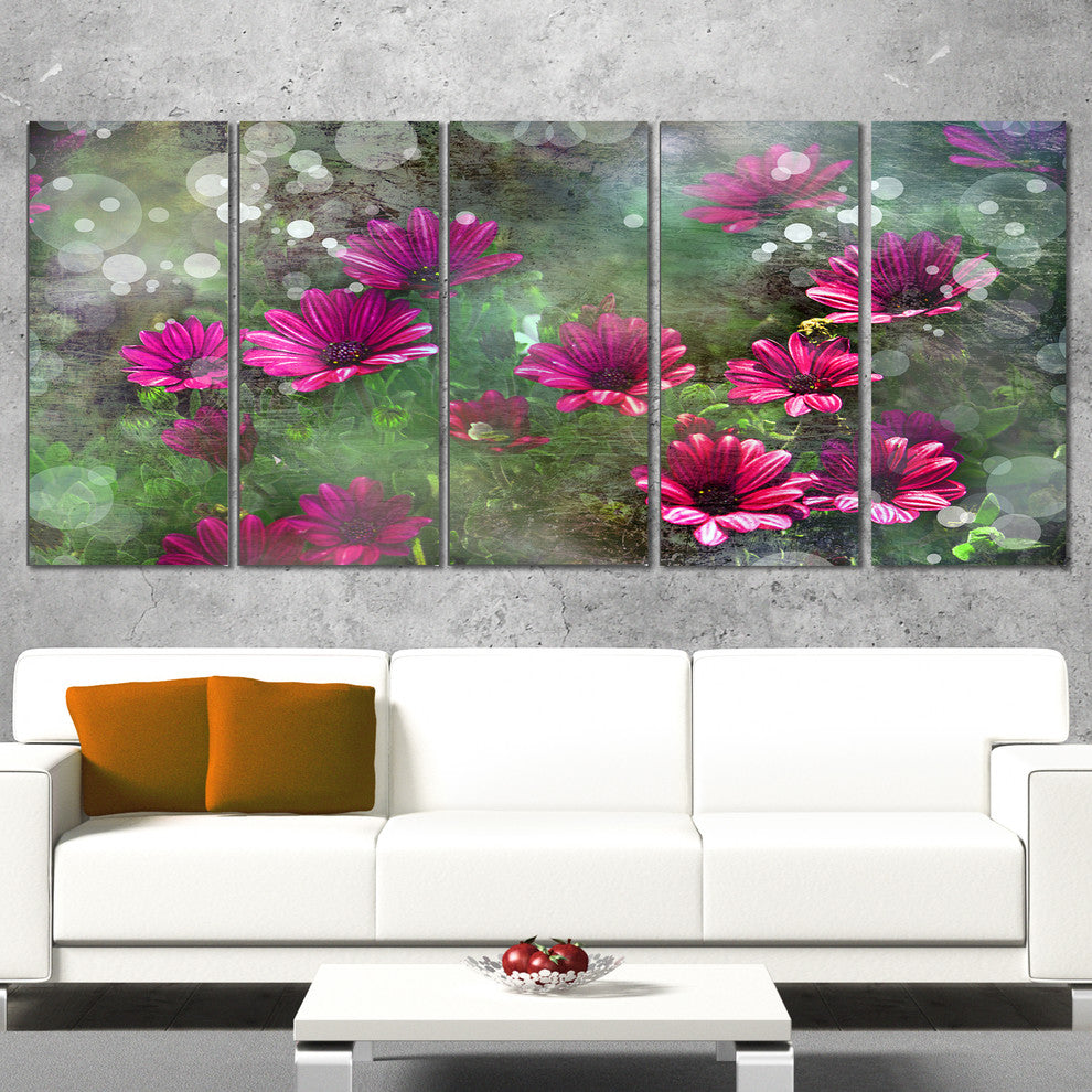 Red and Pink Flowers on Green, Large Floral Canvas Artwork, 60"x28", 5 Panels