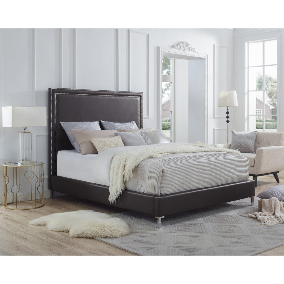 Giovanna Nailhead Trim Platform Bed, Espresso Leather Pu, King