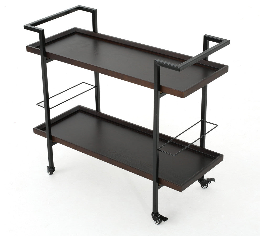 GDF Studio Modern Industrial 2-Tier Wood Bar Cart with Wheels, Dark Walnut