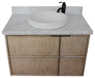 37" Single Wall Mount Vanity, Linen Brown Finish With White Carrara Top