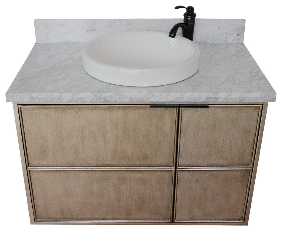 37" Single Wall Mount Vanity, Linen Brown Finish With White Carrara Top