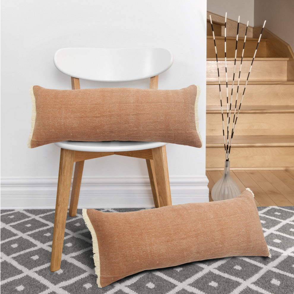 Caramel Fringed Cotton Throw Pillow, 14" X 36"