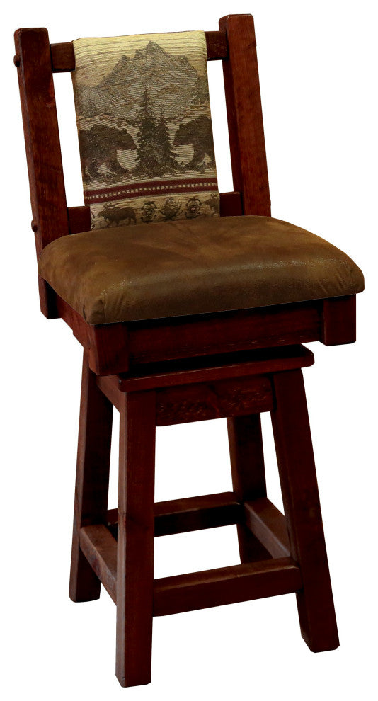 Barnwood Style Timber Peg Swivel Upholstered Barstool, Michael's Cherry, Bear Run and Palomino Tobacco, Bar Height