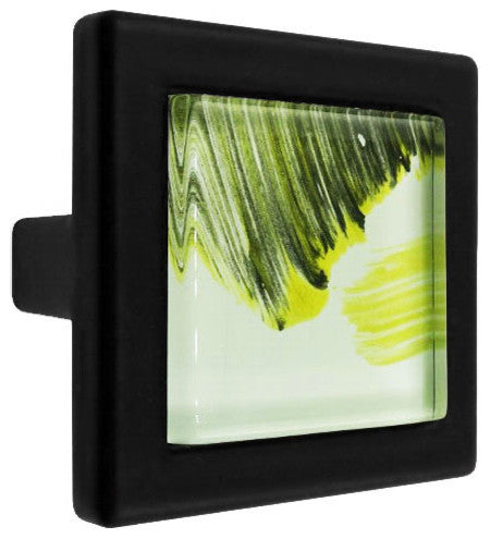 Hand Brushed Abstract Moss Streaks Crystal Glass Black Metal Square Manor Knob