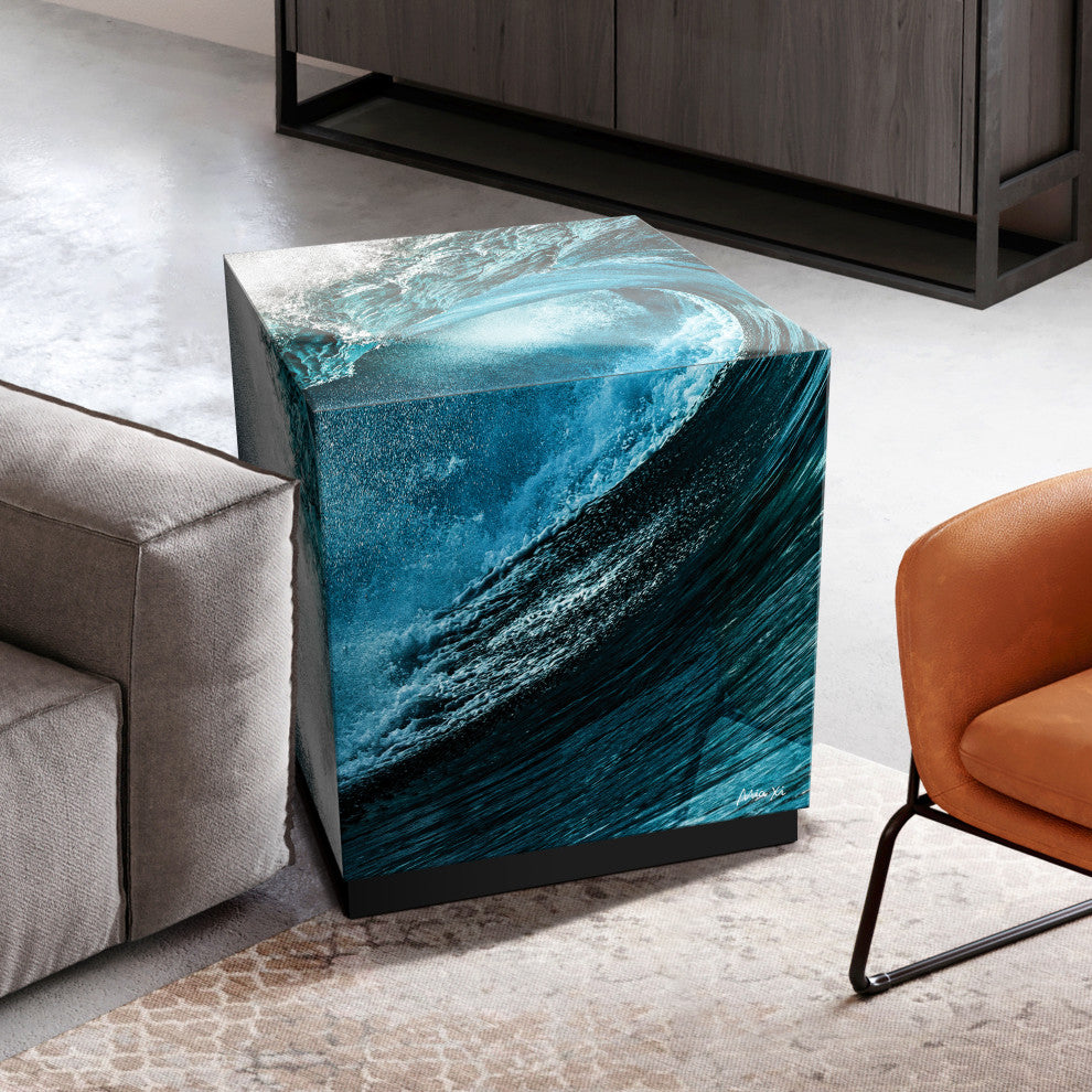 "Sapphire Sea" Printed Beveled Art Glass Table, Black Base, 22" X 22" X 22"