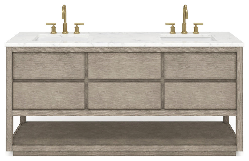 Oakman Marble Top Vanity in Grey Oak with Faucet, 72", Vanity With Satin Gold Faucet