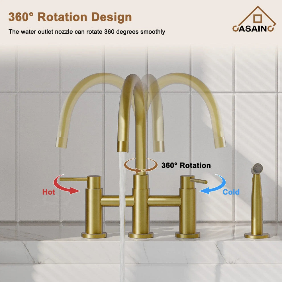 CASAINC Bridge Kitchen Faucet Double Handle with Side Sprayer 3 Color, Brushed Gold
