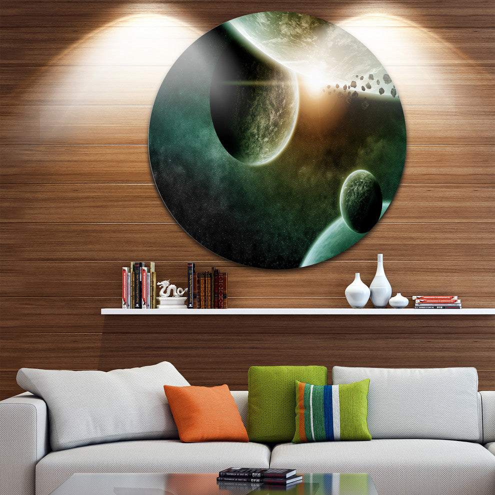 Space Planet Illustration, Contemporary Disc Metal Artwork, 23"