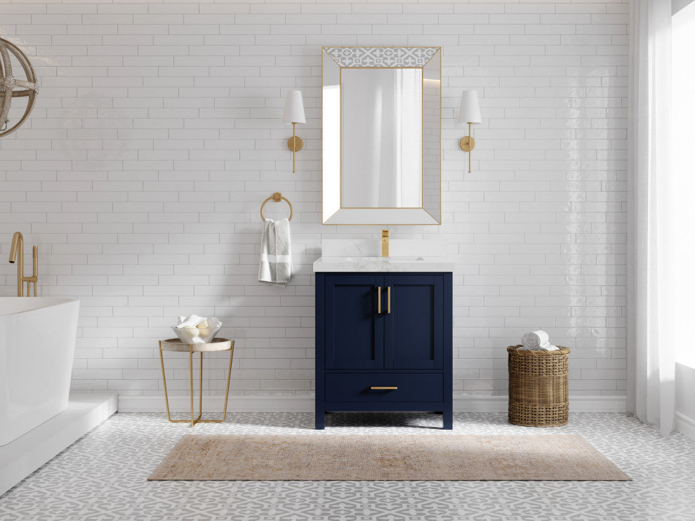 Malibu 30 Single Sink Bath Vanity in Navy Blue 2" Calacatta Nuvo